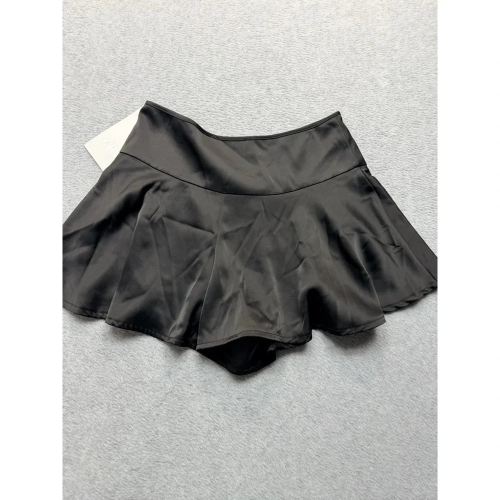 Zara Black Satin Skort Mini Skirt Shorts High Waisted Pleated Flowy NWT Small